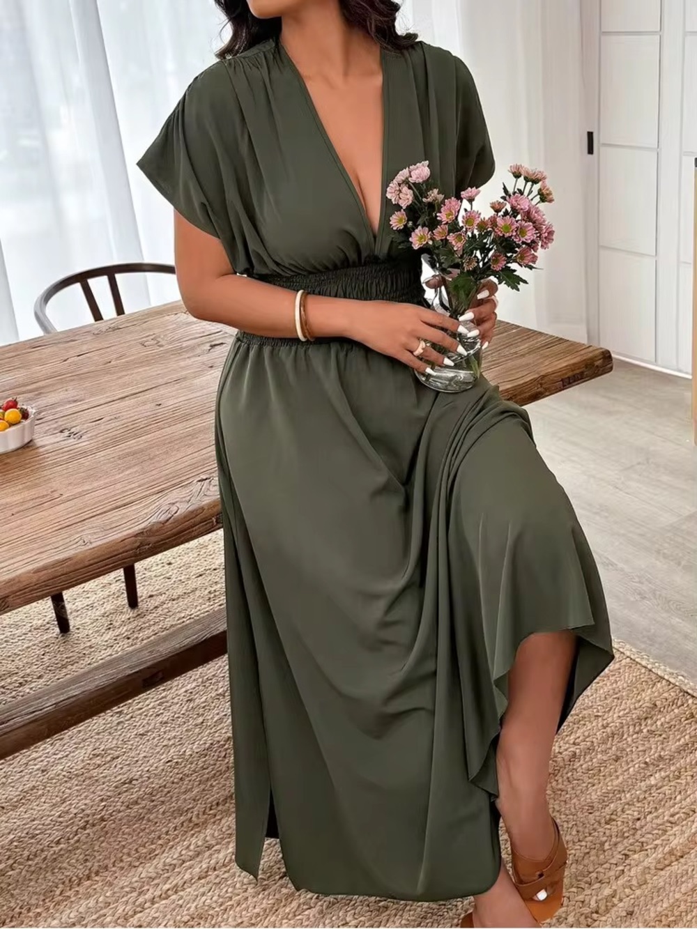 3/$30 SHEIN elegant Solid Shirred Short Sleeve Long slit Dress like new XL